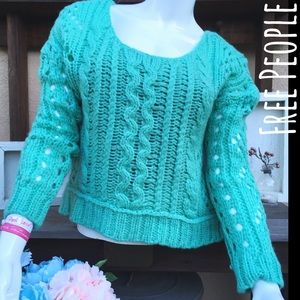 OPEN WEAVE Free People Cable-knit Mint Sweater
